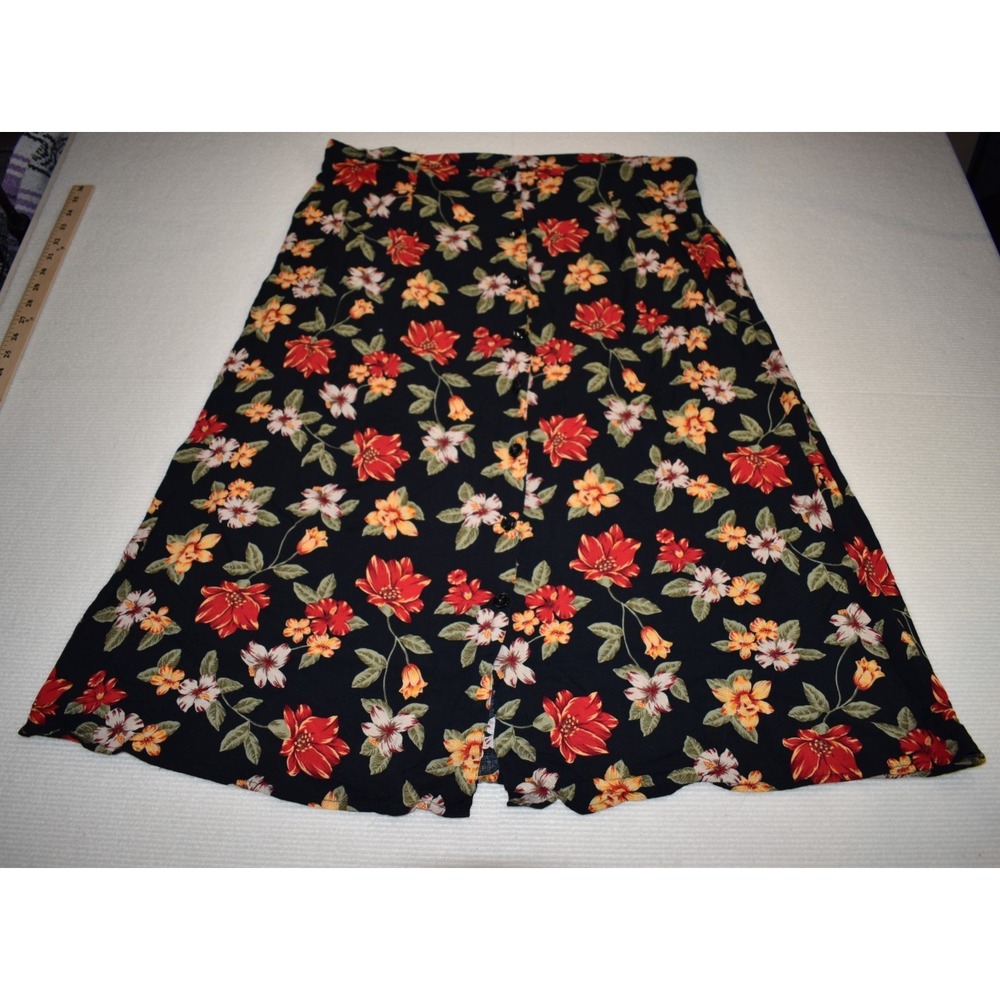 Sag Harbor Womens XL Floral Button Front Midi Skirt Black Rayon Cottagecore